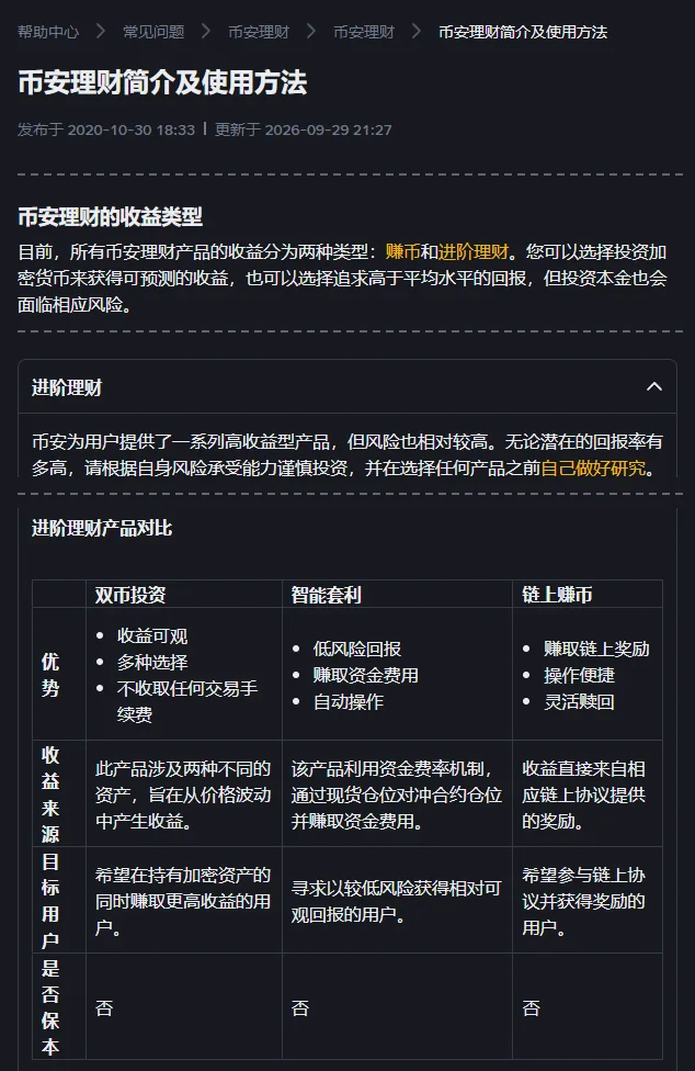 币安帮助中心《币安理财简介及使用方法》页面节选截图